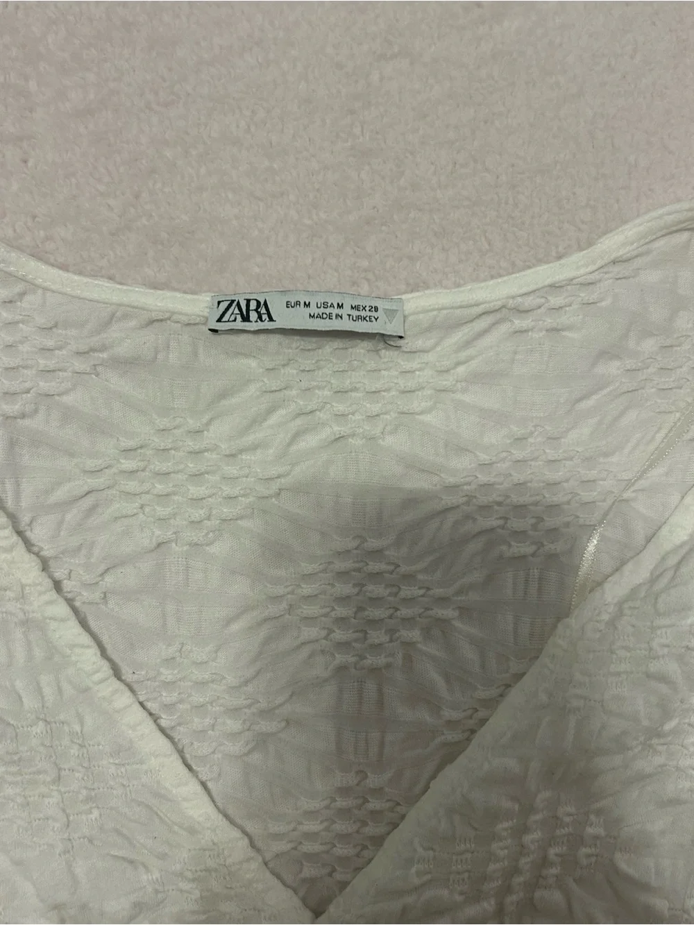 Zara Cream Textured V-Neck Ruched Long Sleeve Top